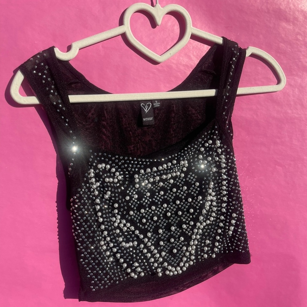 Black Rhinestone Embellished Crop Top